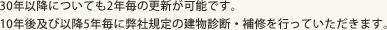 30年以降についても2年毎の更新が可能です。10年後及び以降5年毎に弊社規定の建物診断・補修を行っていただきます。