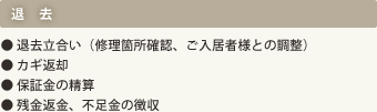 退去｜●退去立合い（修理箇所確認、ご入居者様との調整）｜●カギ返却｜●保証金の清算｜●残金返金、不足金の徴収